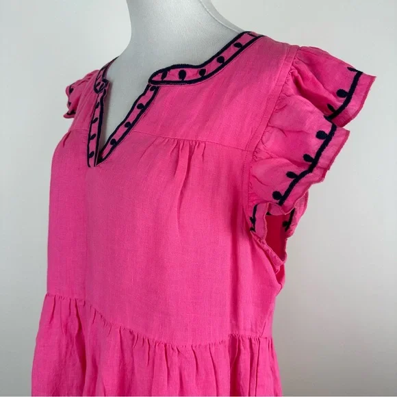 Navy Bleu Eloise Pink Embroidered Linen Flutter Sleeve Dress Size Large - Picture 9 of 14